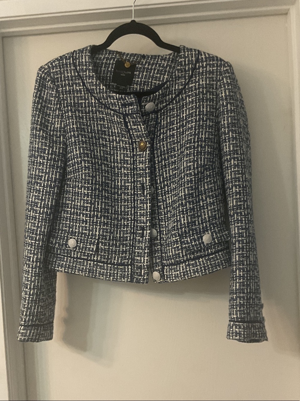 Marciano Navy and White Tweed Cropped Blazer